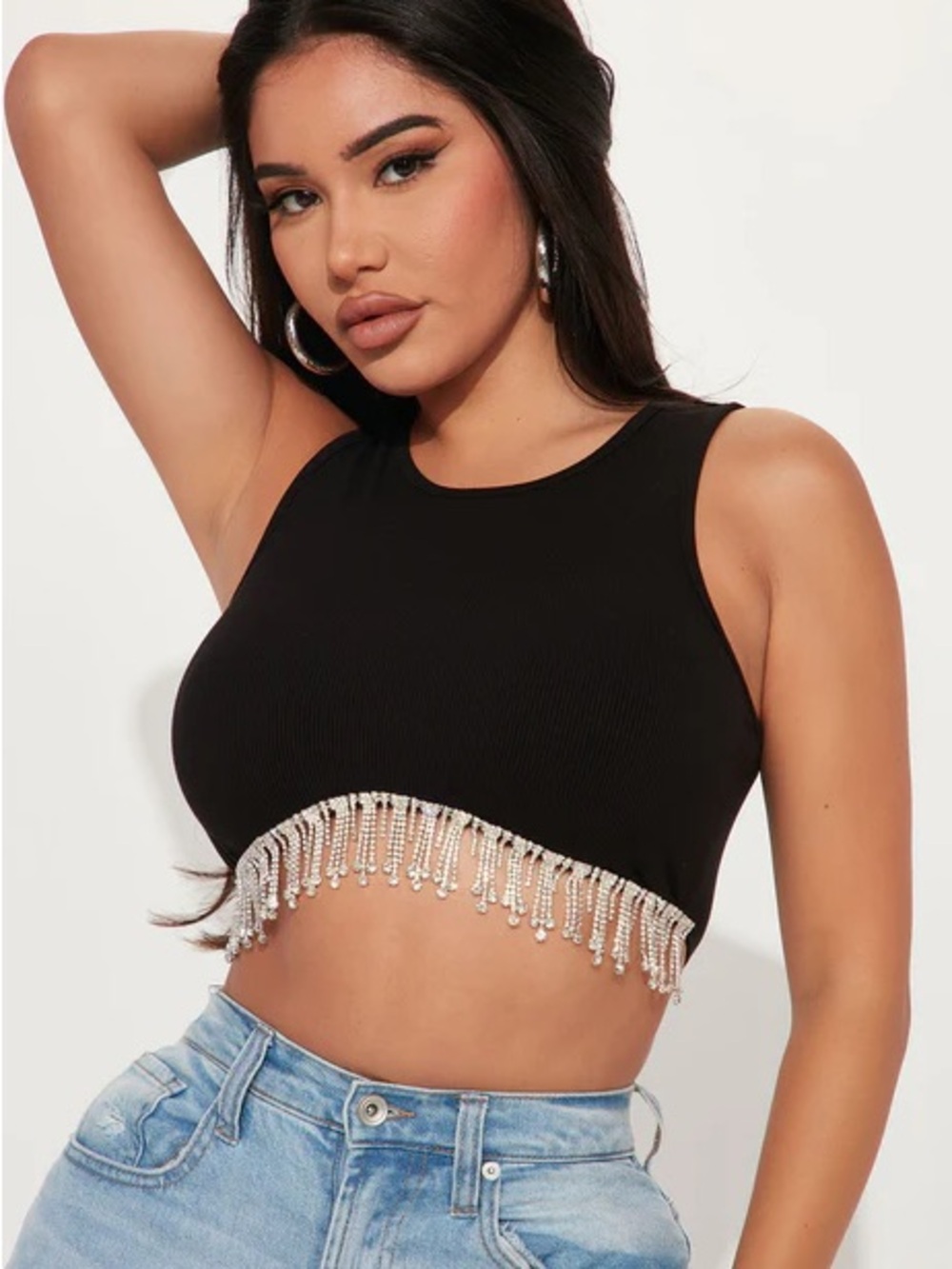 Fashion Nova Black Rhinestone Fringe Crop Tank